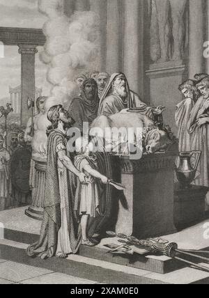 Hannibal Barca (247-183 v. Chr.). Karthagischer General und Staatsmann. Hannibal im Tempel von Karthago mit seinem Vater Hamilcar Barca legte im Alter von neun Jahren einen Eid des ewigen Hasses auf Rom ab, indem er seine Hände in das Blut des geopferten Tieres tauchte. Gravur. "Historia Universal", von Cesar Cantu. Band II, 1854. Stockfoto