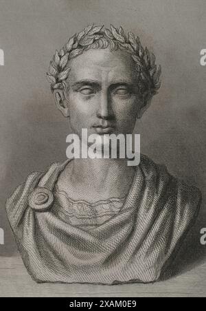 Gaius Julius Cäsar (100 v. Chr. - 44 v. Chr.). Römischer Politiker, General und Schriftsteller. 60 v. Chr. gründete er ein Triumvirat mit Pompeius und Crassus. Eroberte Gallien. Herrscher des Reiches ein Diktator in Ewigkeit (Diktator Perpetuus). Hochformat. Gravur. "Historia Universal", von Cesar Cantu. Band II, 1854. Stockfoto