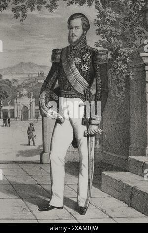 Pedro II. Von Alcantara (1825-1891). Kaiser von Brasilien (1831-1889). Nach einem Staatsstreich, der ihn im November 1889 stürzte, musste er abdanken und ins Exil nach Europa gehen. Hochformat. Zeichnung von B. Blanco. Lithographie von Donon. „Reyes Contemporaneos“. Band I. erschienen in Madrid, 1855. Stockfoto