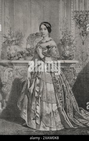 Infantin Maria Luisa Fernanda von Spanien (1832-1897). Die Infantin von Spanien von Geburt an. Zweite Tochter von König Ferdinand VII. Herzogin von Montpensier durch ihre Heirat mit Prinz Antoine d’Orleans im Jahre 1846. Hochformat. Zeichnung von B. Blanco. Lithographie von J. Donon. Reyes Contemporaneos. Band I. erschienen in Madrid, 1855. Stockfoto