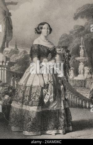 Isabella II von Spanien (1830-1904). Königin von Spanien ab 1833 o 1868. Hochformat. Zeichnung von J. Vallejo. Lithographie von J. Donon. „Reyes Contemporaneos“. Band I. erschienen in Madrid, 1855. Stockfoto