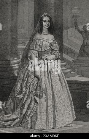 Teresa Cristina der beiden Sizilien (1822-1889). Pincess vom Königreich der beiden Sizilien. Nach ihrer Heirat 1843 mit Kaiser Pedro II. Von Brasilien wurde sie Kaiserin von Brasilien. Hochformat. Zeichnung von B. Blanco. Lithographie von J. Donon. „Reyes Contemporaneos“. Band I. erschienen in Madrid, 1855. Stockfoto