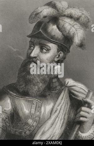 Francisco Pizarro (1478-1541). Der spanische Eroberer des Inka-Reiches. Hochformat. Gravur. "Historia Universal", von Cesar Cantu. Band IV, 1856. Stockfoto