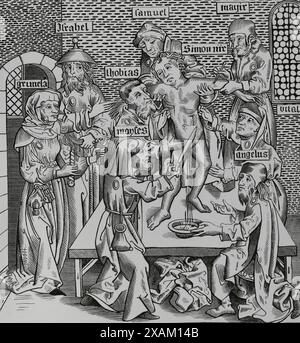 Simon von Trient (1472-1475). Italienischer Kleinkind Protagonist einer Blutverleumdung, nach der er in einem jüdischen Ritual getötet wurde. Das Martyrium von Simon von Trient. Stich nach 'Liber Chronicarum Mundi' mit Zeichnungen von Pierre Wolgmuth. Nürnberg, 1493. "Moeurs, usages et Kostüumes au moyen-age et a l'epoque de la Renaissance" von Paul Lacroix. Paris, 1878. Stockfoto