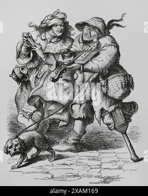 Der Bettler spielt die Geige, seine Frau begleitet ihn mit Knochen. Kupferstich einer französischen Zeichnung aus dem 17. Jahrhundert. "Moeurs, usages et Kostüumes au moyen-age et a l'epoque de la Renaissance" von Paul Lacroix. Paris, 1878. Stockfoto