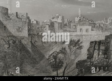 Jerusalem. Blick vom Stephanstor, traditionell bekannt als der Pool von Bethesda. Stich von Emile Rouargue. "La Tierra Santa y los lugares recorridos por los profetas, por los apostoles y por los cruzados" (das Heilige Land und die von den Propheten, den Aposteln und den Kreuzfahrern durchquerten Stätten). Veröffentlicht in Barcelona von der Druckerei Joaquin Verdaguer, 1840. Stockfoto