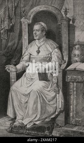 Pius IX (1792-1878). Italienischer Papst (1846–1878), geb. Giovanni Maria Mastai Ferretti. Hochformat. Zeichnung von B. Blanco. Lithographie von J. Donon. „Reyes Contemporaneos“ (Zeitgenössische Könige). Band II. Veröffentlicht in Madrid, 1852. Stockfoto