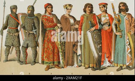 Heiliges Römisches Reich, 1000-1100. Von links nach rechts, 1-2: Krieger, 3-4-5-6-7: prinz, Prinzessin und Adlige des 12. Jahrhunderts. Chromolithographie. "Historia Universal", von Cesar Canto. Volumen V, 1884. Stockfoto