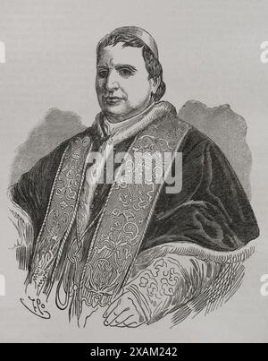 Pius IX (1792-1878). Italienischer Papst (1846–1878), geb. Giovanni Maria Mastai Ferretti. Hochformat. Gravur. Historia de la Guerra de Francia y Prusia (Geschichte des Krieges zwischen Frankreich und Preußen). Band II Veröffentlicht in Barcelona, 1871. Stockfoto