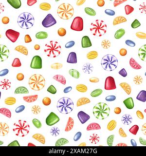 Mehrfarbiges Karamell in verschiedenen Formen. Spiralförmige und runde Lutscher, Fruchtbonbons. Bonbons mit gestreiften Wirbeln. Harte Bonbons, Gummigummis. Stockfoto