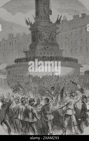Frankreich. Kommune Paris. Revolutionäre Volksbewegung, die vom 18. März bis 28. Mai 1871 in Paris die Macht übernahm, während des Deutsch-Französischen Krieges. Unruhen am Place de la Bastille. Gravur. Historia de la Guerra de Francia y Prusia (Geschichte des Krieges zwischen Frankreich und Preußen). Band II Veröffentlicht in Barcelona, 1871. Stockfoto