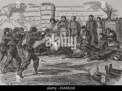 Frankreich. Kommune Paris. Revolutionäre Volksbewegung, die vom 18. März bis 28. Mai 1871 in Paris die Macht übernahm, während des Deutsch-Französischen Krieges. Erschießung der Kommunarden im Jardin du Luxembourg (Jardin du Luxembourg) am 25. Mai 1871 nach der Niederlage der Kommune. Stich von Sadurni. Historia de la Guerra de Francia y Prusia (Geschichte des Krieges zwischen Frankreich und Preußen). Band II. Veröffentlicht in Barcelona, 1871. Stockfoto