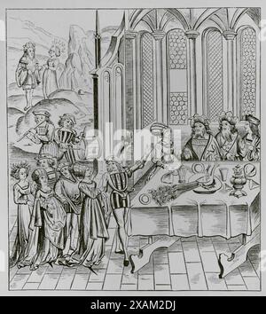 Staatsbankett. Wir servieren den Peacok. Faksimile aus dem 19. Jahrhundert nach einem Holzschnitt aus einer Ausgabe von Virgils Werken, die 1517 in Lyon veröffentlicht wurde. "Moeurs, usages et Kostüumes au moyen-age et a l'epoque de la Renaissance" von Paul Lacroix. Paris, 1878. Stockfoto