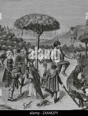 Bauerntänze der Maifeste. Faksimile eines Gravurs aus einer Miniatur in einem Stundenbuch aus dem 15. Jahrhundert. "Moeurs, usages et Kostüumes au moyen-age et a l'epoque de la Renaissance" von Paul Lacroix. Paris, 1878. Stockfoto
