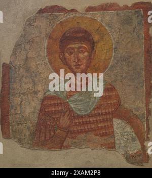St. Demetrius von Thessalonica (ca. 270- ca. Nr. 306). Griechischer christlicher Märtyrer, der in Sirmium (heute Sremska Mitrovica, Serbien) das Martyrium erlitt. Fresco. 12.-13. Jahrhundert. Von der Kirche St. Nikolaus in Melnik, Blagoevgrad, Bulgarien. Nationales Archäologisches Museum. Sofia. Bulgarien. Stockfoto