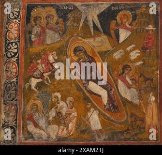 Die Geburt Christi. Wandmalerei. Aus der Kirche St. Petka. Krapets, Region Pernik, Bulgarien. 17. Jahrhundert. Nationales Archäologisches Museum. Sofia. Bulgarien. Stockfoto