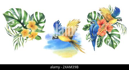 Tropische Palmenblätter, Monstera und Blüten von Plumeria, Hibiskus, hell saftig mit blau-gelbem Ara Papagei. Handgezeichnetes Aquarell Botanical Stockfoto