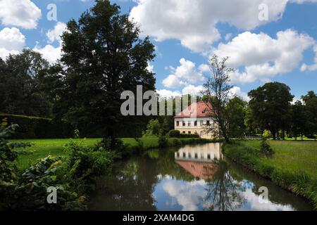 Blick auf den Park rund um das Schloss Schleissheim und schöne Flussspiegelung im Dorf Oberschleissheim, Vorort von München, Bayern, Deutschland. Stockfoto