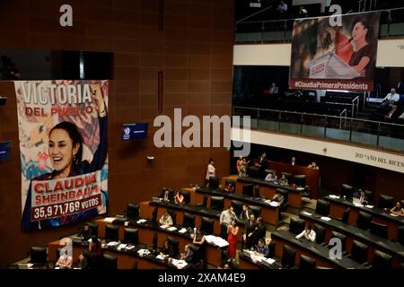 Mexiko-Stadt, Mexiko. Juni 2024. Eine Decke mit dem Bild der designierten Präsidentin Claudia Sheinbaum Pardo ist während der Legislativsitzung der Ständigen Kommission des Kongresses der Union zu sehen. Am 6. Juni 2024 in Mexiko-Stadt. (Foto: Luis Barron/Eyepix Group/SIPA USA) Credit: SIPA USA/Alamy Live News Stockfoto