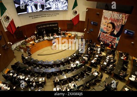 Mexiko-Stadt, Mexiko. Juni 2024. Eine Decke mit dem Bild der designierten Präsidentin Claudia Sheinbaum Pardo ist während der Legislativsitzung der Ständigen Kommission des Kongresses der Union zu sehen. Am 6. Juni 2024 in Mexiko-Stadt. (Foto: Luis Barron/Eyepix Group/SIPA USA) Credit: SIPA USA/Alamy Live News Stockfoto