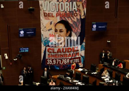 Mexiko-Stadt, Mexiko. Juni 2024. Eine Decke mit dem Bild der designierten Präsidentin Claudia Sheinbaum Pardo ist während der Legislativsitzung der Ständigen Kommission des Kongresses der Union zu sehen. Am 6. Juni 2024 in Mexiko-Stadt. (Foto: Luis Barron/Eyepix Group/SIPA USA) Credit: SIPA USA/Alamy Live News Stockfoto