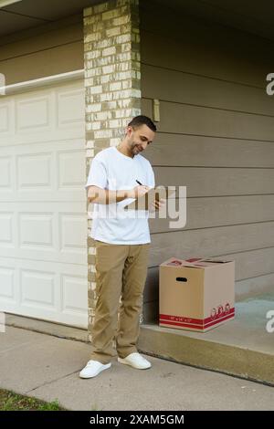 Zustellungsdienst, Post, Personen und Versandkonzept - Mann mit Paketkasten läutet die Tür des Kunden Stockfoto