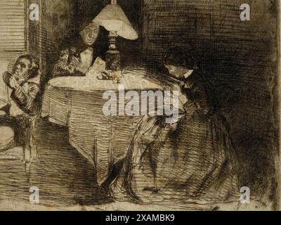 Das Musikzimmer, 1858. Hier verwendete Whistler erneut das Thema der Leselampe und eine komplexere Komposition, die die Figuren von Haden, Deborah und Hadens medizinischem Partner James Reeves Traer umfasst, der um eine Lampe im Musikzimmer der Sloane Street 62 saß. Stockfoto