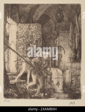 Schatzkammer, 1902. Ein älterer Mann führt einen Jüngeren einige Schritte von einer offenen Tür hinunter in ein Säulengewölbe mit großen Truhen oder Truhen. Der ältere Mann hält Schlüssel in der Hand und beide sind in Dubletten und Schläuchen aus dem Spätmittelalter oder der Frührenaissance gekleidet. Welche spannenden Entdeckungen werden sie in den Schatzkisten machen? Stockfoto