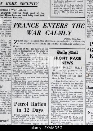 „France Ents the war Calmly“-Überschrift auf der Titelseite der Daily Mail (Replik) vom 4. September 1939, über den Ausbruch des Zweiten Weltkriegs. Stockfoto