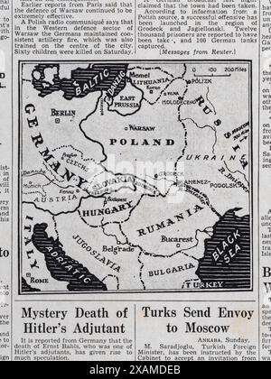 Karte Mitteleuropas Schlagzeile und artikel in der Daily Mail (Replik) 18. September 1939, zu Beginn des Zweiten Weltkriegs. Stockfoto