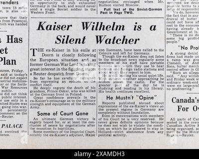 „Kaiser Wilhelm ist ein stiller Wächter“ Schlagzeile und artikel in der Daily Mail (Replik) vom 18. September 1939 zu Beginn des Zweiten Weltkriegs. Stockfoto