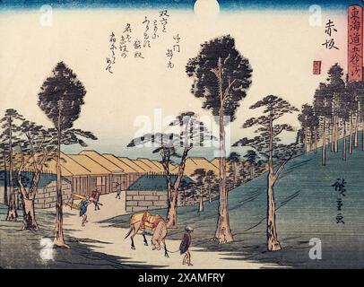 Tokaido gojo santsugi. Akasaka. Kennzeichen Nr. 37. Aus der Serie: 53 Stationen der Tokaido Road, 1838. Stockfoto