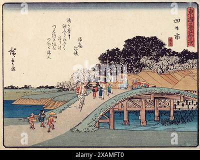 Tokaido gojo santsugi. Yokkaichi. Kennzeichen Nr. 44. Aus der Serie: 53 Stationen der Tokaido Road, 1837. Stockfoto