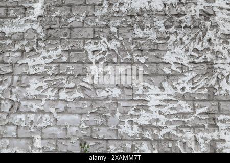 Graue Ziegelwand mit Gipsresten Stockfoto