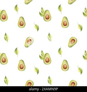Nahtloses Muster reifer Avocadohälften und Blätter auf weißem Hintergrund. Kann für Textildrucke in der Küche und für Verpackungsdesign verwendet werden. Stockfoto
