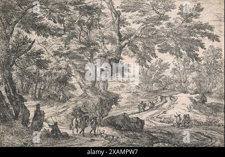 Landschaft mit links vorne, einem Mann, der am Rande eines Waldes am Straßenrand sitzt und einem Reiter und seinem Diener die Richtung gibt; rechts dahinter zwei Figuren am Straßenrand und drei weitere hinten, nach 1667. Stockfoto