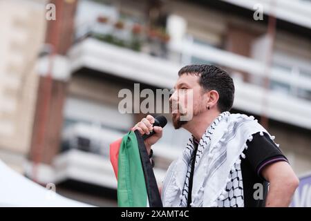 Pablo Iglesias am Ende des Wahlkampfes für die 9J-Europawahlen von Podemos am 7. Juni 2024 in Madrid, Spanien Stockfoto