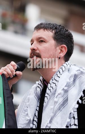 Pablo Iglesias am Ende des Wahlkampfes für die 9J-Europawahlen von Podemos am 7. Juni 2024 in Madrid, Spanien Stockfoto