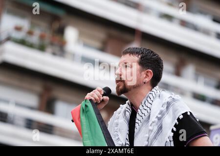 Pablo Iglesias am Ende des Wahlkampfes für die 9J-Europawahlen von Podemos am 7. Juni 2024 in Madrid, Spanien Stockfoto