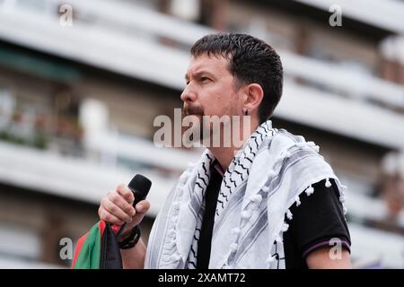 Pablo Iglesias am Ende des Wahlkampfes für die 9J-Europawahlen von Podemos am 7. Juni 2024 in Madrid, Spanien Stockfoto