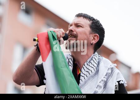 Madrid, Spanien. Juni 2024. Pablo Iglesias während des Wahlkampfs für die 9J Europawahlen von Podemos, am 7. Juni 2024 in Madrid Spanien (Foto: Oscar Gonzalez/SIPA USA) Credit: SIPA USA/Alamy Live News Stockfoto