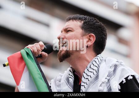 Madrid, Spanien. Juni 2024. Pablo Iglesias während des Wahlkampfs für die 9J Europawahlen von Podemos, am 7. Juni 2024 in Madrid Spanien (Foto: Oscar Gonzalez/SIPA USA) Credit: SIPA USA/Alamy Live News Stockfoto