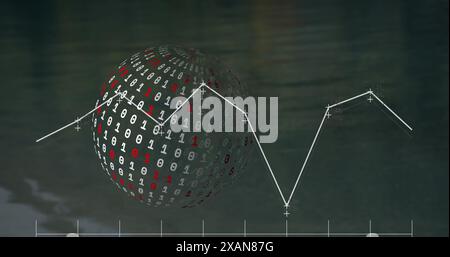 Bild der statistischen Datenverarbeitung mit binärer Kodierung über einem Globus vor grauem Hintergrund Stockfoto