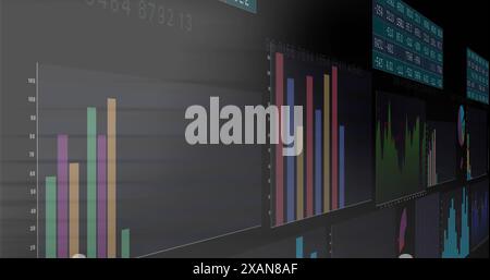 Abbildung mehrerer Bildschirme mit statistischer Datenverarbeitung vor grauem Hintergrund Stockfoto