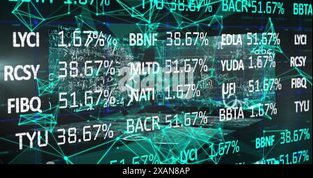Bild der Börsendatenverarbeitung und des Plexusnetzwerks gegen Bildschirme mit Datenverarbeitung Stockfoto