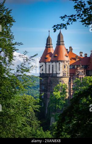 Wałbrzych, polen - 6. Juni 2024: Details der Burg Ksiaz eingebettet in einen üppigen Wald. Die Burg Ksiaz ist eine Burg in Walbrzych, Polen. Stockfoto