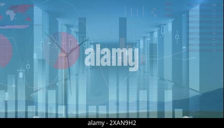 Bild von Finanzdaten und Diagrammen über Landschaft mit Windturbinen, Kopierraum Stockfoto