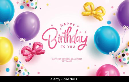 Happy Birthday Gruß Vektor Vorlage Design. Geburtstagsgrußtext im weißen Raum mit bunten Ballons, Band und Partyhut aufblasbar Stock Vektor