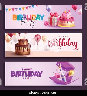 Alles Gute zum Geburtstag Grußkarte Vektor Banner Set Design. Geburtstagsgrußtext mit Partyelementen für den Hintergrund der Einladungskarte. Vektorabbildung Stock Vektor