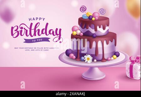 Happy Birthday Gruß Vector Design. Geburtstagsgrußtext mit Blaubeerkuchen in zwei Schichten für Party lila Thema Hintergrund. Vektorabbildung Stock Vektor